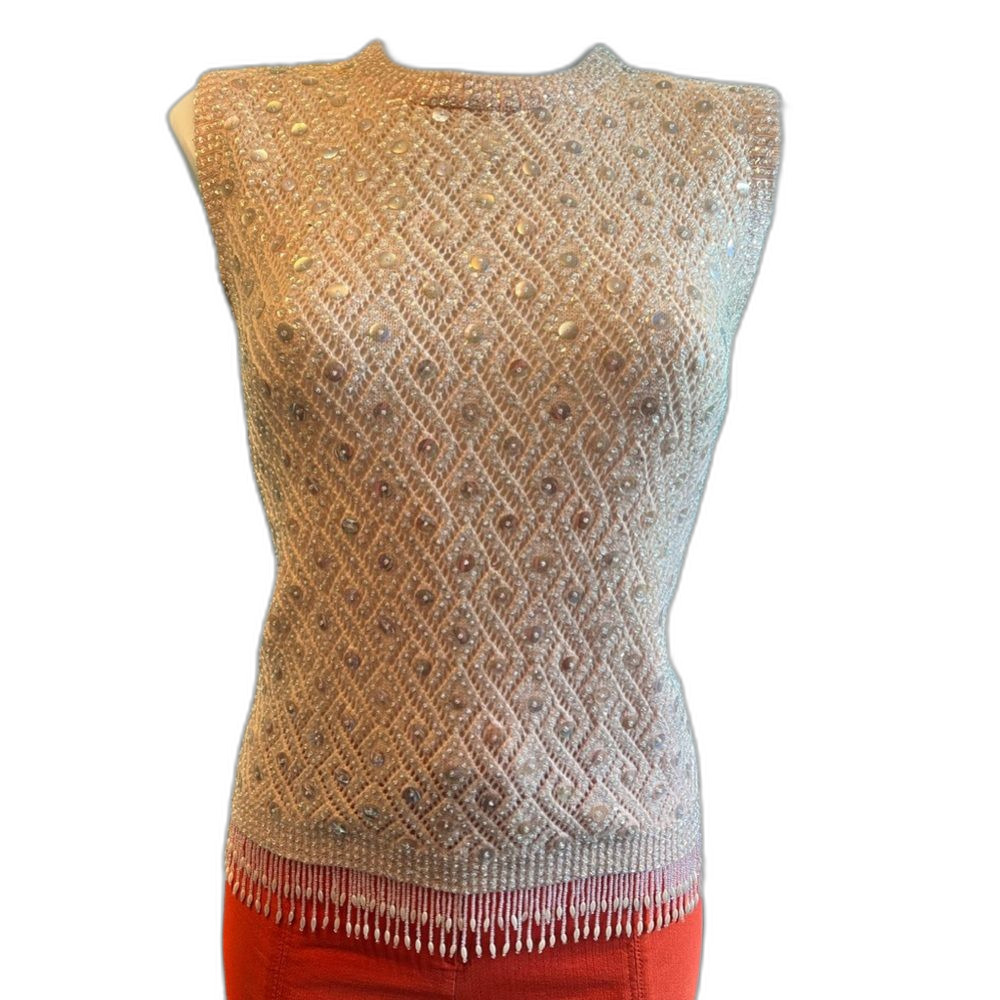 VTG 50’s Knit Top w/ Beads & Sequins| Pit 16.5” Shoulder 14”, Waist 16-18”